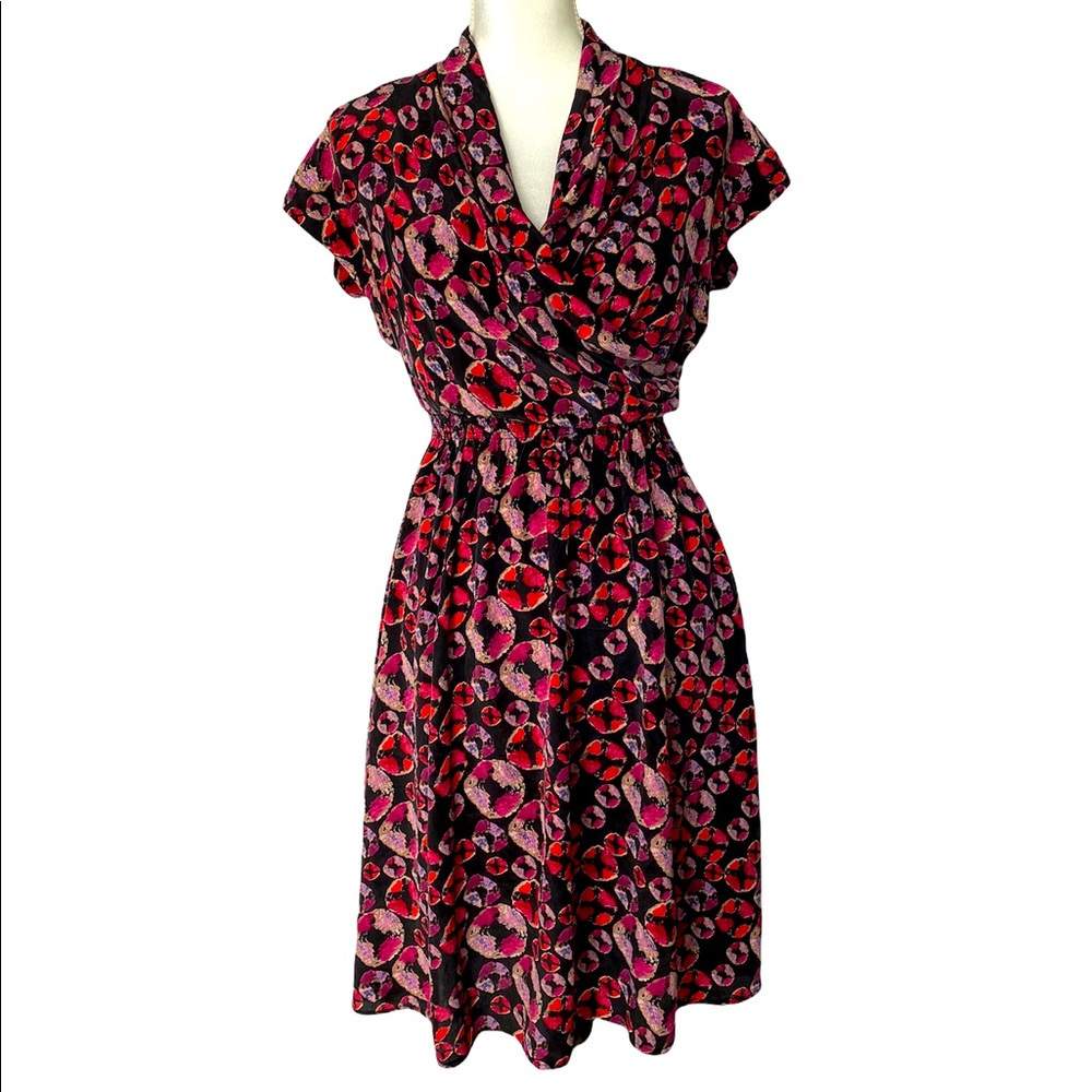 Tucker silk dress P with shawl collar, short sleeve EUC cross front, cowl neck